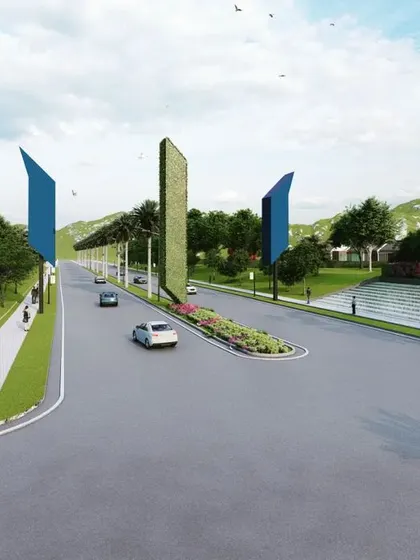 The grand entrance boulevard for the 200-acre 'Trident Hills' township in Panchkula. The design features massive water cascades with branding, creating an imageable and impressive arrival experience.