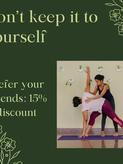 To help you stay committed to your health during the festive season, we are offering a discount for referrals. Share the goodness of yoga with your friends and family.