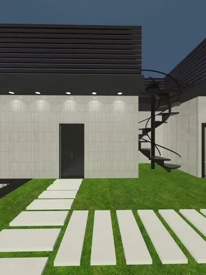 A 3D render for a Punjabi Bagh project, showcasing a modern building facade with a spiral staircase leading to the rooftop garden. This highlights our ability to integrate architectural elements.