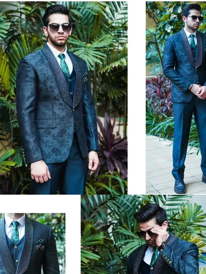 A collage of our navy blue patterned suit, showing different poses and details.