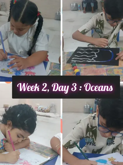 Children engaged in the ocean-themed art session. Activities included coloring marine life and creating salt paintings of jellyfish, which helps reinforce the day's topic.