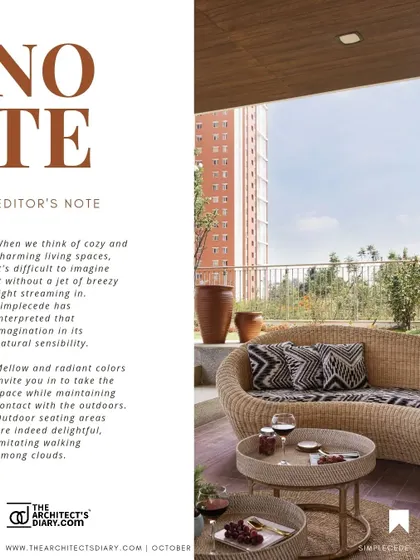 An editor's note from The Architect's Diary about our 'A Walk in the Clouds' project, praising the cozy and charming outdoor seating areas.