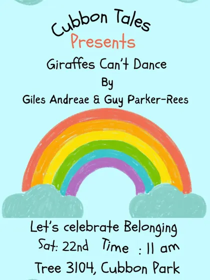 Our poster for a session celebrating Pride and belonging, featuring the book 'Giraffes Can't Dance'. We use stories to talk about important values like embracing your unique identity.