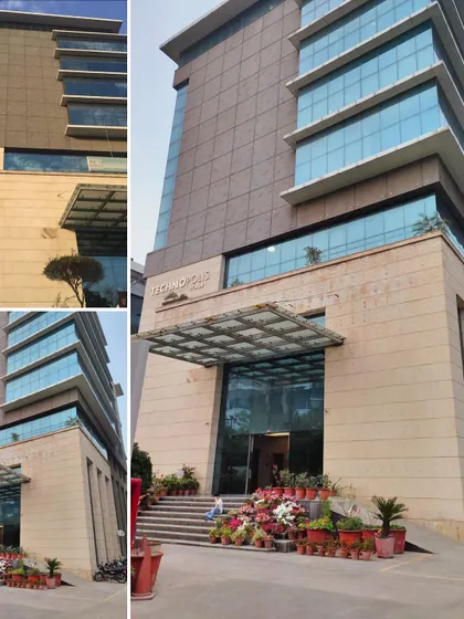 This collage shows the main entrance and facade of Technopolis. The well-maintained entrance, complete with seasonal flowers, shows how the building continues to be a vibrant and welcoming space for businesses.