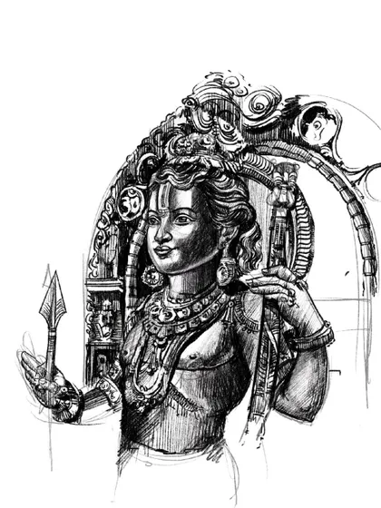 The final and most detailed sketch of Ram Lalla before the coloring process begins. Every element, from his expression to the carvings, is defined in this stage.