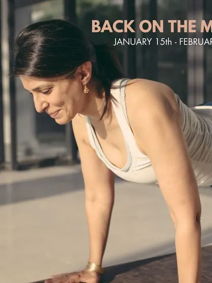 A poster for my "Back on the Mat" series, inviting you to make a renewed commitment to your wellness. My online studio offers a path to fitness and beyond.
