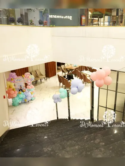 A view from the top of the stairs shows the layout of the Candyland party.