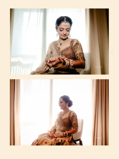 A collage of a bride getting ready, sitting by a window. The soft, natural light creates a timeless and serene bridal portrait.
