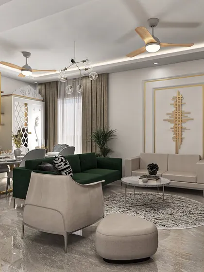 We redefine comfort with luxurious, modern living room designs. This space features a mix of green and beige sofas, metallic accents, and layered lighting to create a sophisticated yet welcoming atmosphere for family and guests.