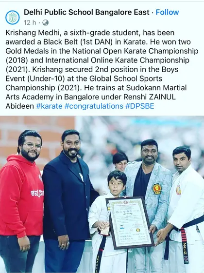 A post from Delhi Public School Bangalore East congratulating our student, Krishang Medhi, on his black belt and numerous gold medals. We are proud to train students who excel both in academics and karate.