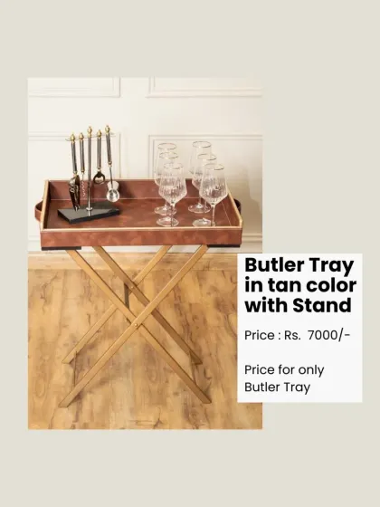Our bestselling Zico butler tray in a classic tan colour, complete with a stand. It's a statement piece for any living room or bar area, perfect for serving drinks and snacks.