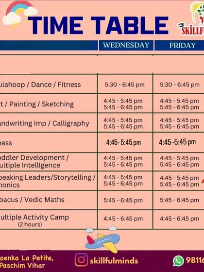The detailed time table for our Paschim Vihar center, showing the schedule for Wednesday and Friday classes.