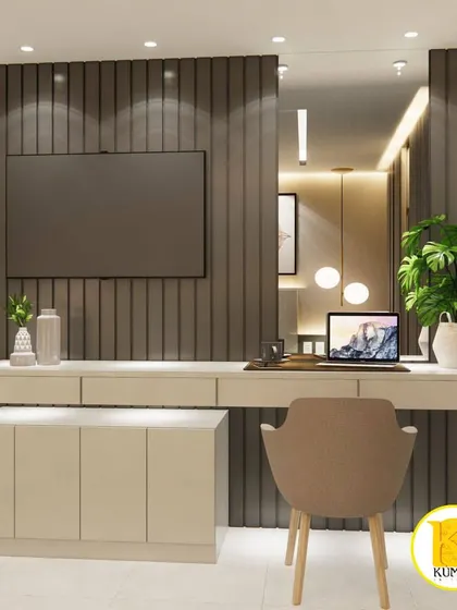 A multi-functional wall unit in a bedroom, combining a TV panel, a study desk, and storage cabinets in a single, seamless design.