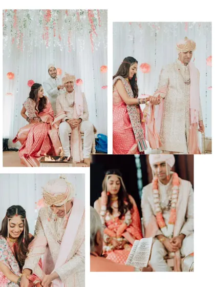 A collage of moments from a traditional Hindu wedding ceremony, showcasing the rituals and the couple's participation.
