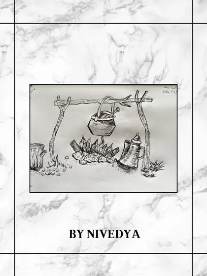 This cozy campfire scene by Nivedya uses simple lines and hatching to create a sense of warmth and atmosphere.