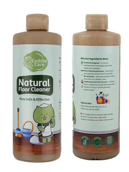 Front and back views of the natural floor cleaner bottle on a white background.