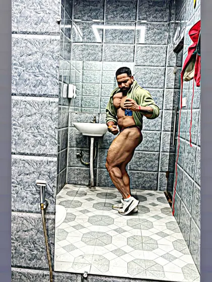 A side pose in the mirror, checking leg separation.