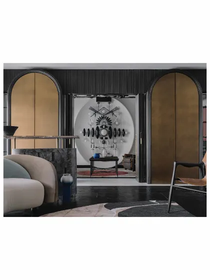 A wider view of the living room, showing how the custom arched bar cabinets create a grand, symmetrical entrance to the media room. The design balances bold forms with practical storage solutions.