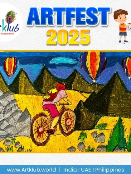 A junior artist's drawing of a person mountain biking with hot air balloons in the background. This piece combines adventure sports with a scenic landscape.