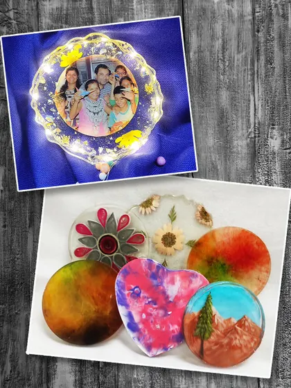 A collection of different resin art pieces, including a photo frame and coasters. Our workshops cover a wide range of applications for this versatile material.
