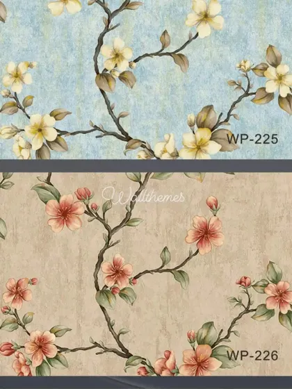 Two color options for a wallpaper with flowering branches, one with yellow flowers on blue and one with pink flowers on beige.