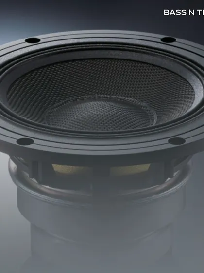 A close-up of the Multi-layered Aramid Composite Cone (MACC) diaphragm used in the TAD ME1's woofer, engineered for rigidity and low coloration.