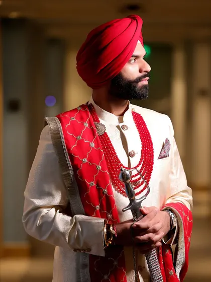 A powerful portrait of a Sikh groom in his traditional wedding attire, holding a kirpan. The lighting and composition create a regal and dignified image, showcasing our skill in groom portraiture.
