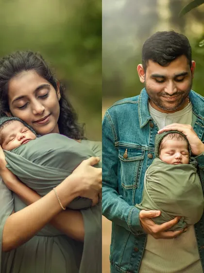 This diptych beautifully contrasts the mother's and father's individual bonds with their newborn, showcasing the unique love each parent holds.