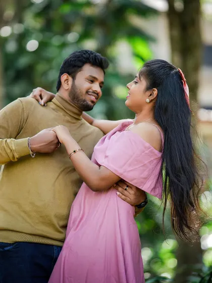 A close-up of a couple in a dance pose, focusing on their loving expressions.