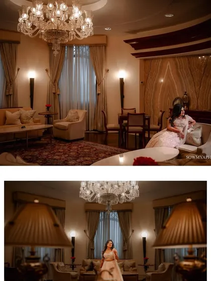 A collage of a bride in her beautiful lehenga, set against the grand interiors of The Leela Palace.