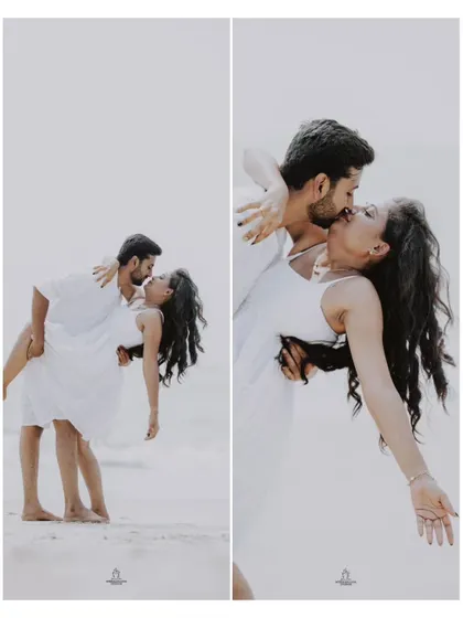 A collage of a couple's romantic and playful moments on the beach, captured in beautiful, dynamic poses.
