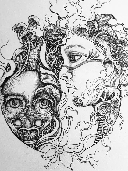 A close-up shot of the 'Day 26' ink drawing, showing the fine pen work and stippling used to create texture and shadow in the skull and face.