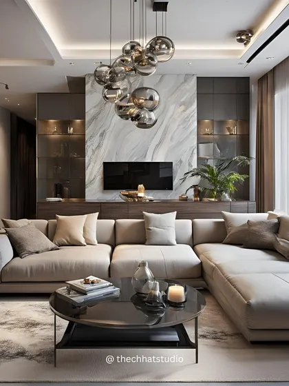 In this duplex living room, I used a large sectional sofa to anchor the space, complemented by a stunning marble accent wall for the TV unit and a modern bubble chandelier. The result is a luxurious yet comfortable environment perfect for modern living.