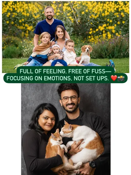 A composite image showing two different families, one outdoors and one in the studio, perfectly illustrating my core philosophy: full of feeling, free of fuss, and always focused on emotion.