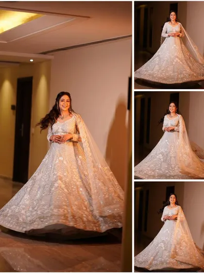 A series of shots capturing the bride's joy and the beautiful movement of her white lehenga. The twirling motion creates a dynamic and happy set of portraits.