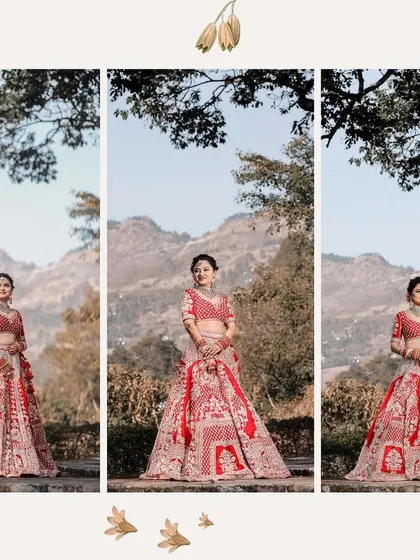 A triptych of the bride against a stunning mountain backdrop. This series of portraits showcases her beautiful red lehenga and the breathtaking scale of the destination wedding location.