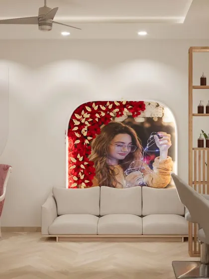This 3D render shows a salon waiting area designed for comfort and style. The feature wall with a floral-filled arch creates a beautiful backdrop, making even the waiting experience feel special.