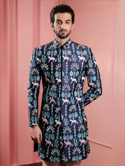 A frontal view of the printed Indo-Western jacket, showcasing the symmetry of the design and the crispness of the tailoring. It's a classic piece with a modern twist.
