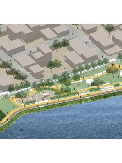 **Lakefront Reconnect, Chennai:** An artist's conceptualization of the rejuvenated lakefront. Our design includes walking and cycling tracks, bird-watching platforms, and public plazas to reconnect the community with the water body.