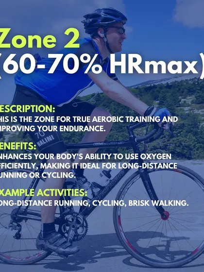 Zone 2 (60-70% HRmax). This is the true aerobic training zone for improving endurance. It enhances the body's ability to use oxygen efficiently, making it ideal for long-distance running or cycling.