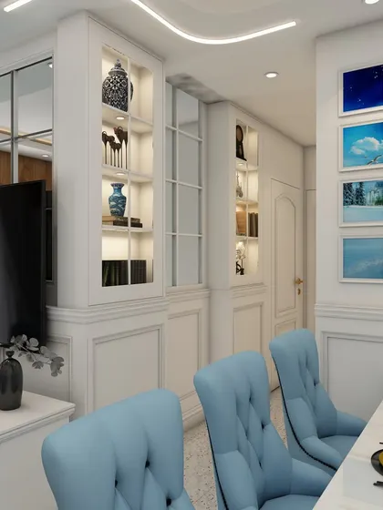 This shot shows the intricate details, like the built-in display shelves, that clients can review and approve in our 3D renders before any work begins.