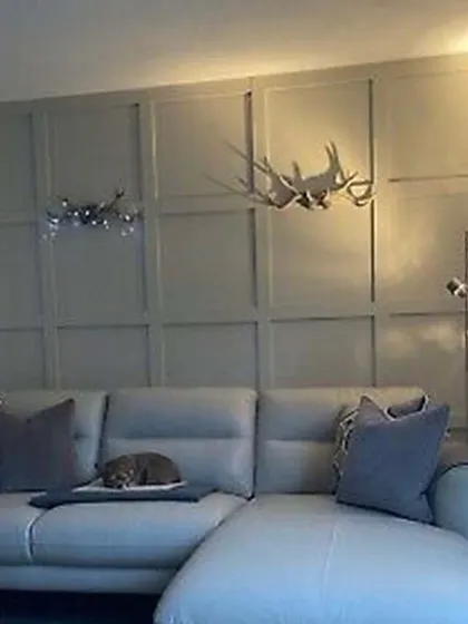 A classic living room setup featuring a comfortable sectional sofa and traditional wall paneling. The decorative antlers add a rustic touch, showing how we can incorporate personal style elements into any design.
