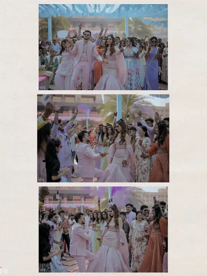 A collage of energetic moments from the couple's entry, dancing with friends and family.