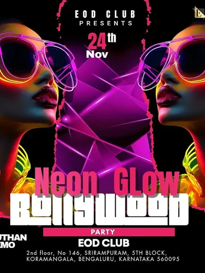 A poster for a Bollywood and Punjabi night with a neon glow theme, showing how I blend different genres to keep the energy high.