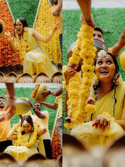 This collage captures the energy of the Haldi function. We ensure our decor enhances the joy of these rituals, from flower showers to playful moments.