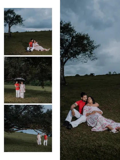 A collage of peaceful, romantic moments of the couple relaxing in a green meadow.