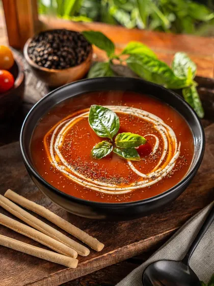 A warm bowl of tomato basil soup for Zepto Cafe. The creamy swirl and fresh basil garnish add a touch of elegance, elevating a simple soup into a premium menu item.