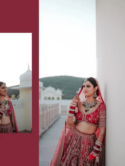 A creative composition of the bride's portrait, with a smaller inset image, drawing attention to her thoughtful expression and the beautiful setting.
