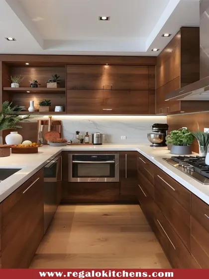 A classic U-shaped kitchen with rich, dark wood cabinetry and a white countertop. Open shelving provides space for decorative items, while the layout ensures that everything is within easy reach for the cook.