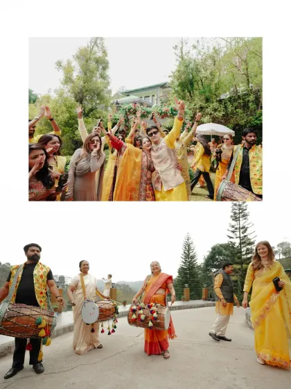 The sounds and sights of the celebration. This collage pairs the joyful guests with the dhol players who provide the heartbeat for the Haldi ceremony.